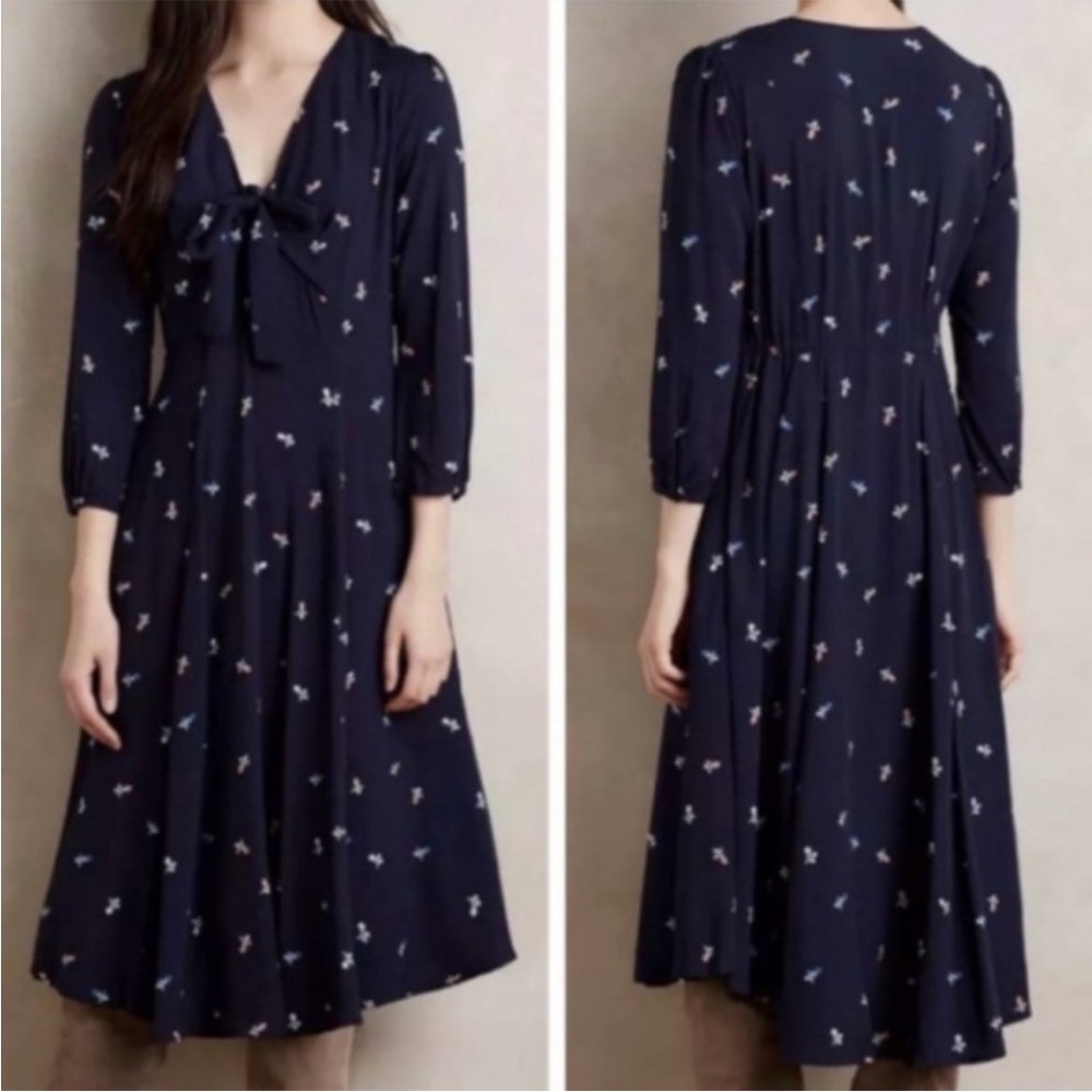 Anthropologie 11.1 TYLHO Floral Tie Navy Blue Knee Length Midi Dress XSP